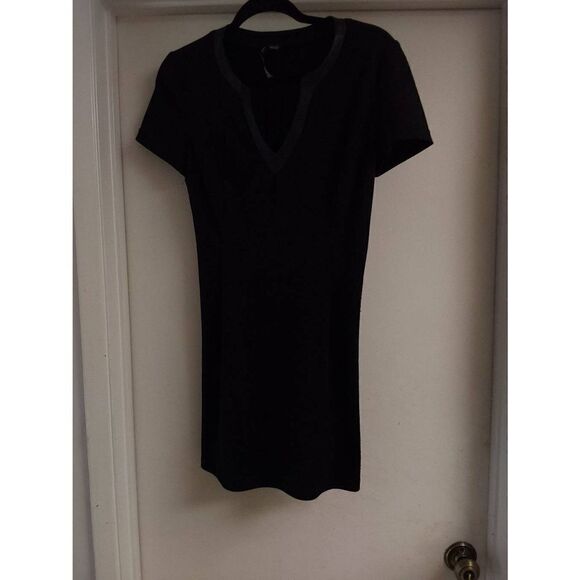 Black Stretchy Mini Dress with Black Vegan Leather Trim Sz Medium - Picture 1 of 2